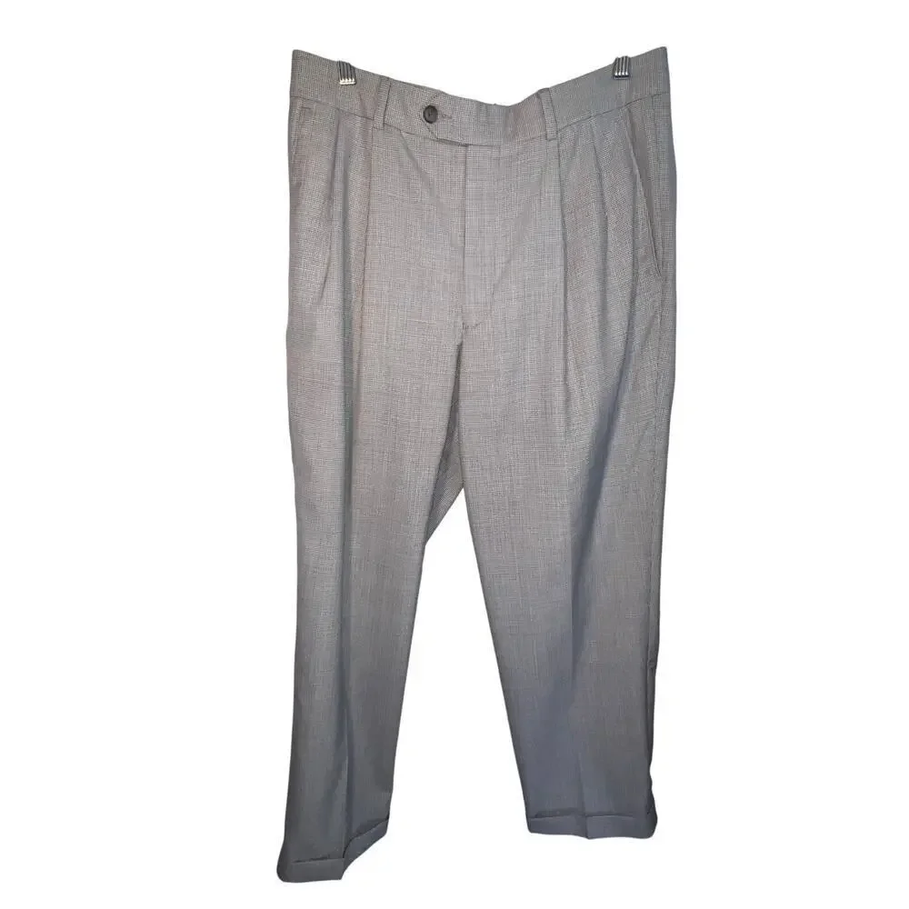 Alan Flusser men 32 micro houndstooth pleated wool linen cuffed dress pants flaw